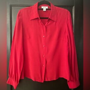 Red Silk Blouse Button Up Top Dress Shirt by Lord & Taylor